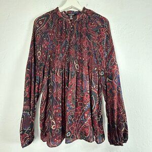 Lauren Ralph Lauren Womens Paisley Pleated Blouse Top XL Multicolor Long Sleeve